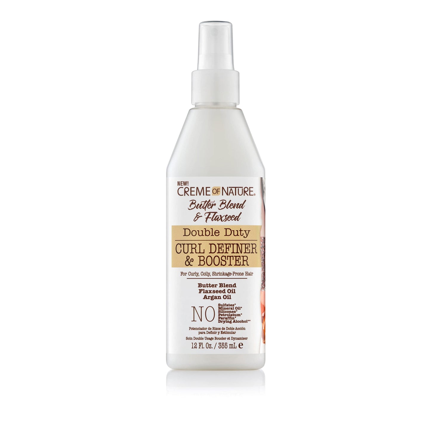 Creme of Nature Double Duty Curl Definer and Booster with Butter Blend, Flaxseed and Argan Oil, Moisturizing Anti-Shrinkage and Styling Spray for Natural Hair, 12 fl oz