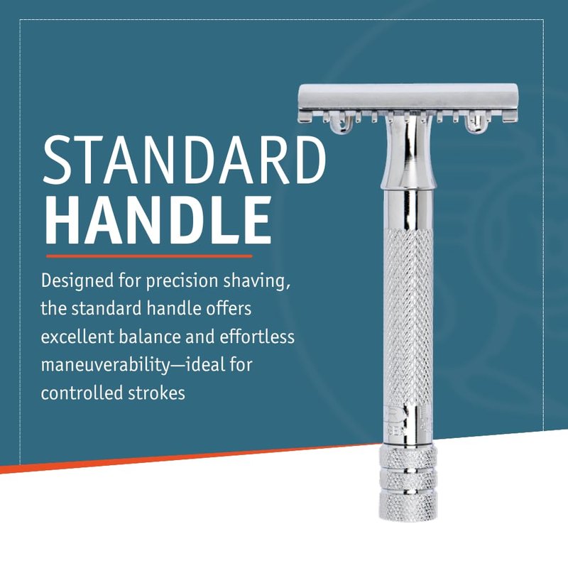 MERKUR 15C Double Edge Safety Razor in Bright Chrome with an Open Comb Design, Standard Handle, Made in Germany, Plastic-Free, Three-Piece Design, and Straight Bar
