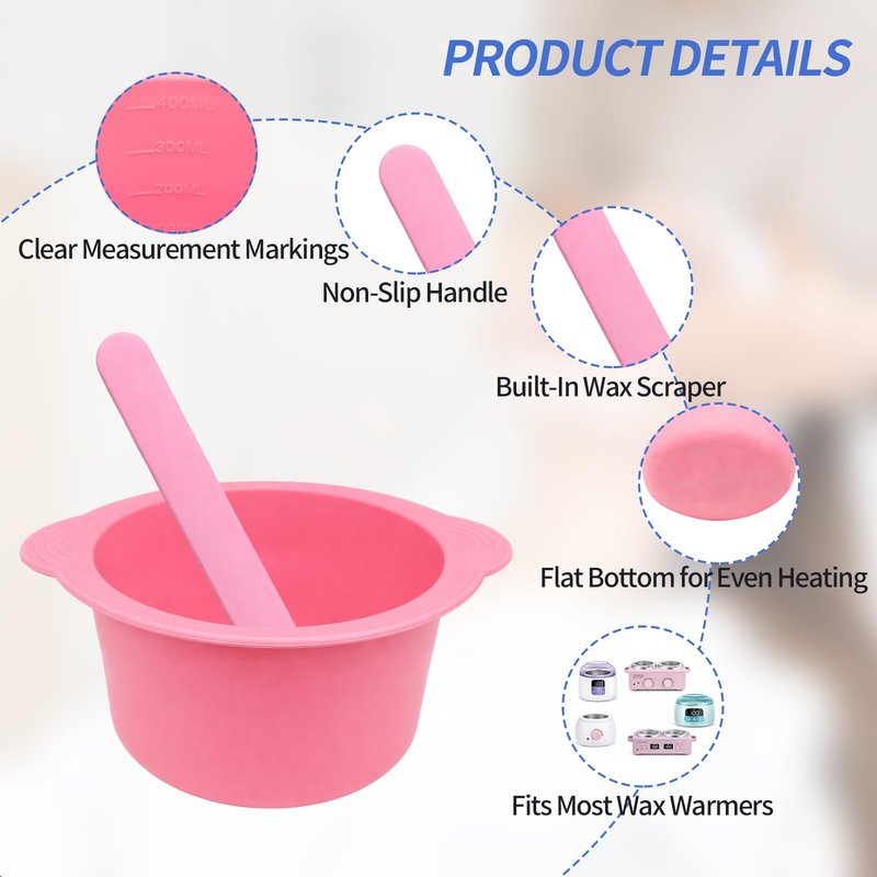 Silicone Wax Warmer Liner, Non-Stick Reusable Wax Pot Insert for Wax Warmer, Easy-to-Clean Silicone Wax Bowl with 2 Wax Spatulas (Pink)