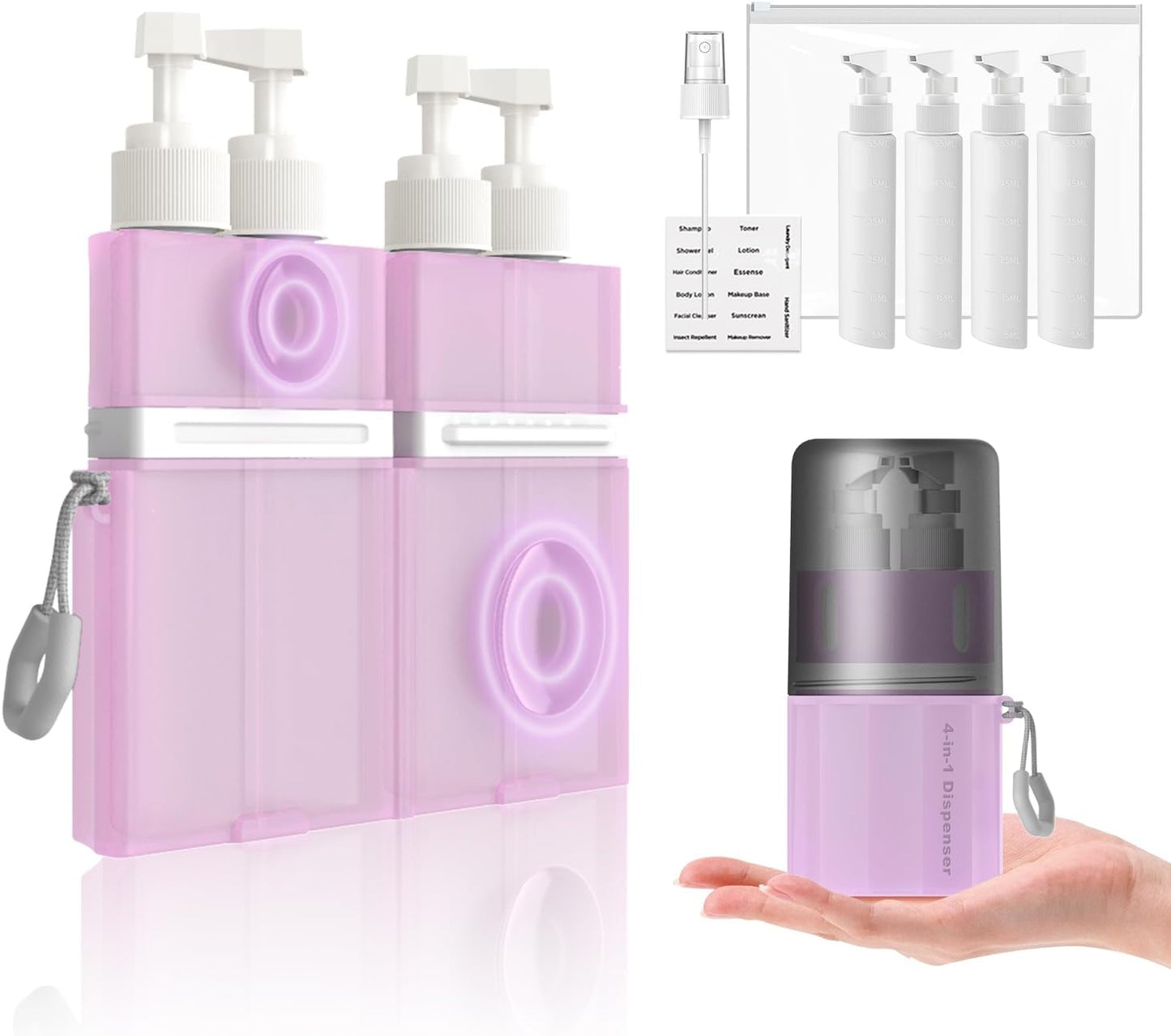 Travel Toiletry Containers - TSA Approved 4-in-1 Refillable Bottles Set with Suction Cup | Grey