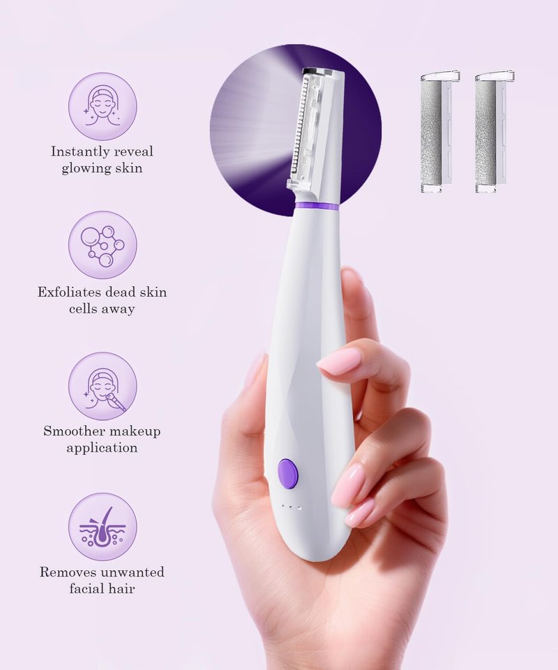 ROUWU Dermaplane Razor for Women Face,Electric Dermaplaning Tool with LED Light & 3 Speeds,Eyebrow Razor & Facial Hair Removal for Women,2 Exfoliation Tips & 8 Blades,Ideal Gifts for Mom Friend Sister