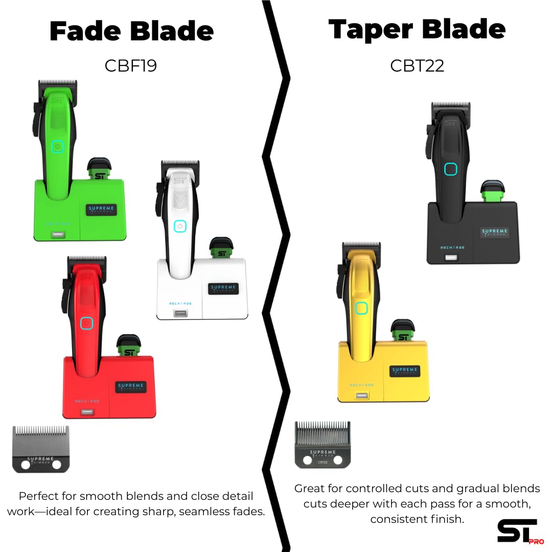 Supreme Trimmer Recharge Clipper - Professional Hair Clipper with 2 Removable Batteries, Brushless Motor, Smart Charge Stand, USB-C Charge & DLC Blades Barbers | STC779