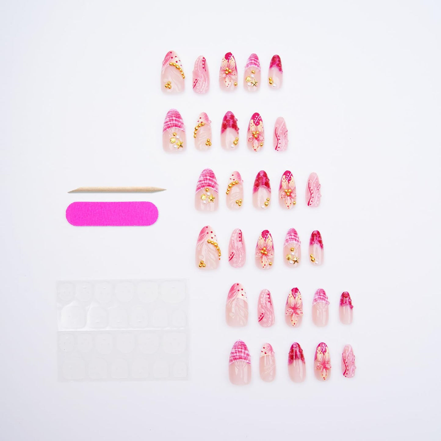 30Pcs Summer Beach Press-On Nails - Medium Almond Acrylic with Gold Seashell & Starfish 3D Designs | Full Cover for Women