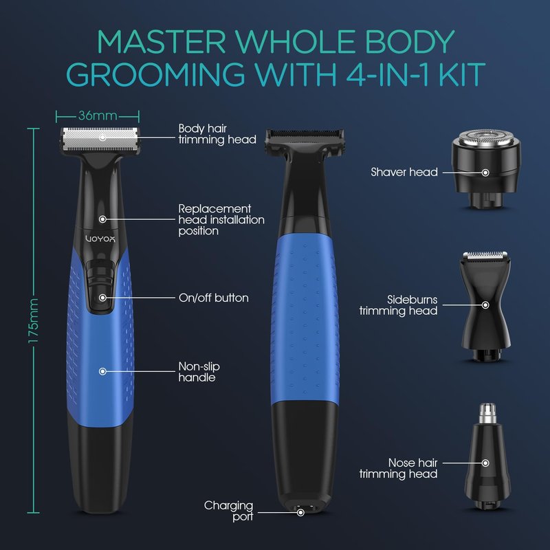 VOYOR Beard Trimmer for Men, Electric Razor, No Pain, Full Body Grooming, Face & Body Hair Trimmer, Adjustable Length Combs, All-in-1 Rechargeable Mens Grooming Kit, Cordless, Wet/Dry, TX510 (Blue)
