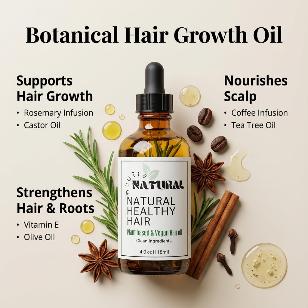 Neutra Natural - Scalp Oil, Hair serum,Botanical Blend Rosemary Hair Growth Oil with Castor Oil and Vitamin E for Thicker-Looking Hair, Plant-Based, Vegan