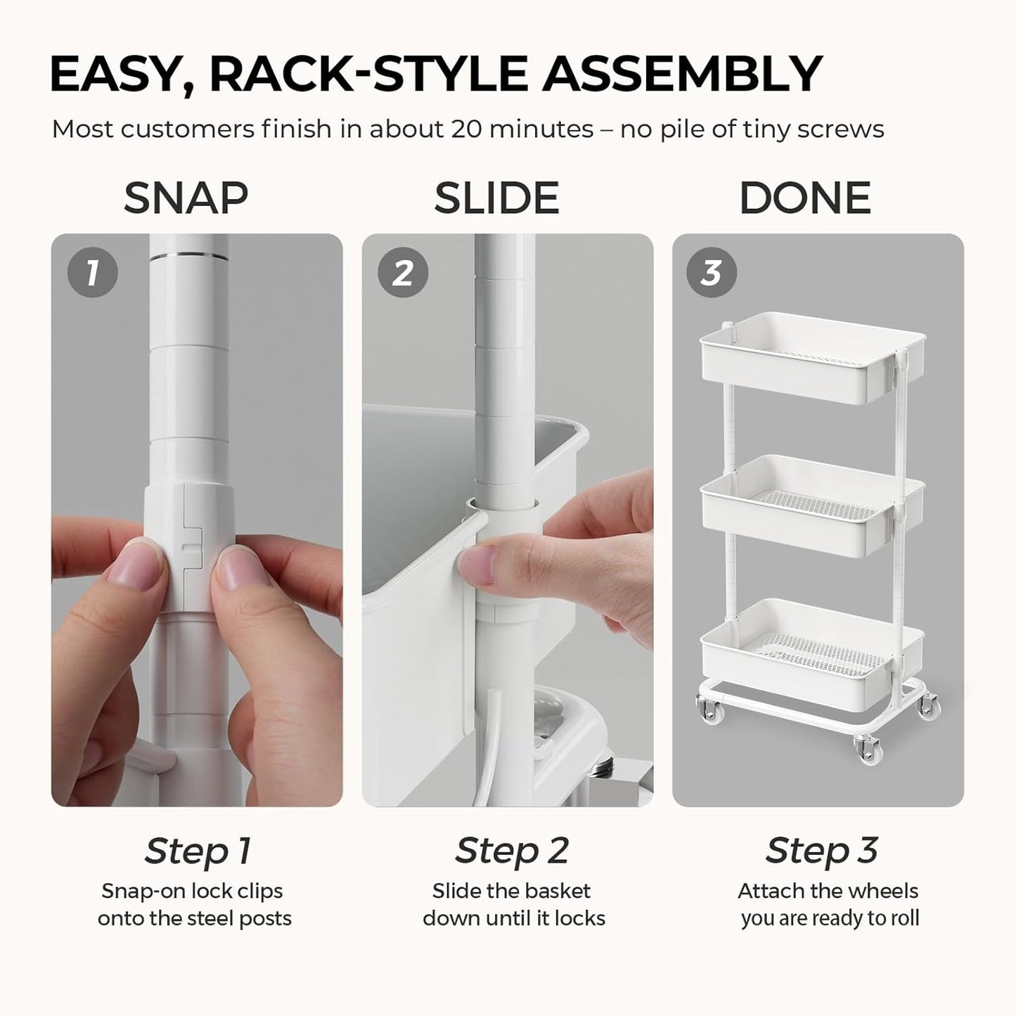 Utility Rolling Cart - Heavy Duty Metal Storage Organizer with Wheels | Portable 3-Tier Shelving Unit for Office, Bathroom, Kitchen (White)