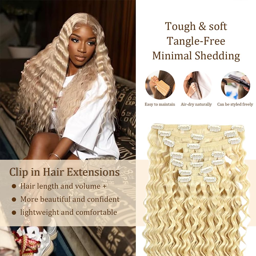 #613 Blonde Clip in Hair Extensions Real Human Hair, 28 Inch 120g/7Pcs,Full Shine Remy Hair,Blonde Deep Wave Clip ins Brazilian Virgin Human Hair Extensions