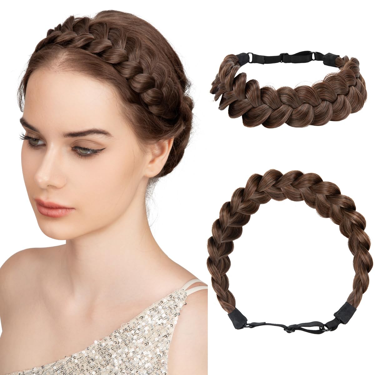 Wide Elastic Braided Headbands for Women - Adjustable Synthetic Hair Hairpiece | Red Vino