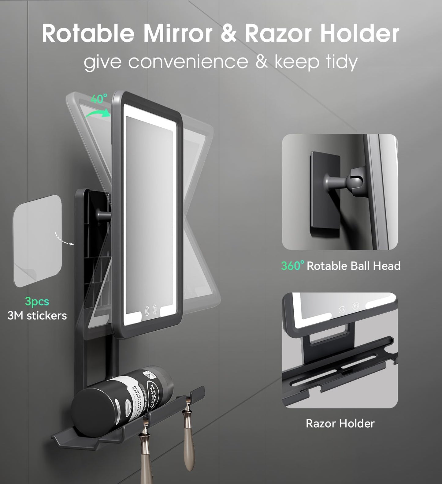 Quick Clear Shower Mirror Fogless for Shaving with Light - Electric Heated Shaving Mirror, No Water Needed, Rechargeable Anti Fog Bathroom Mirror, Dual Mount Installation, IPX4 Waterproof