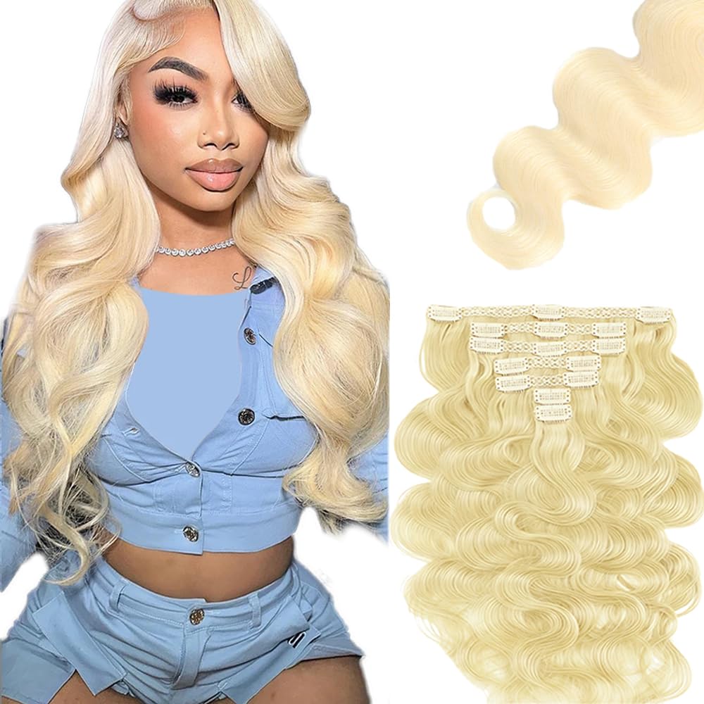 #613 Blonde Clip in Hair Extensions Real Human Hair, 14 Inch 120g/7Pcs,Full Shine Remy Human Hair,Blonde Body Wave Clip ins Brazilian Virgin Human Hair Extensions