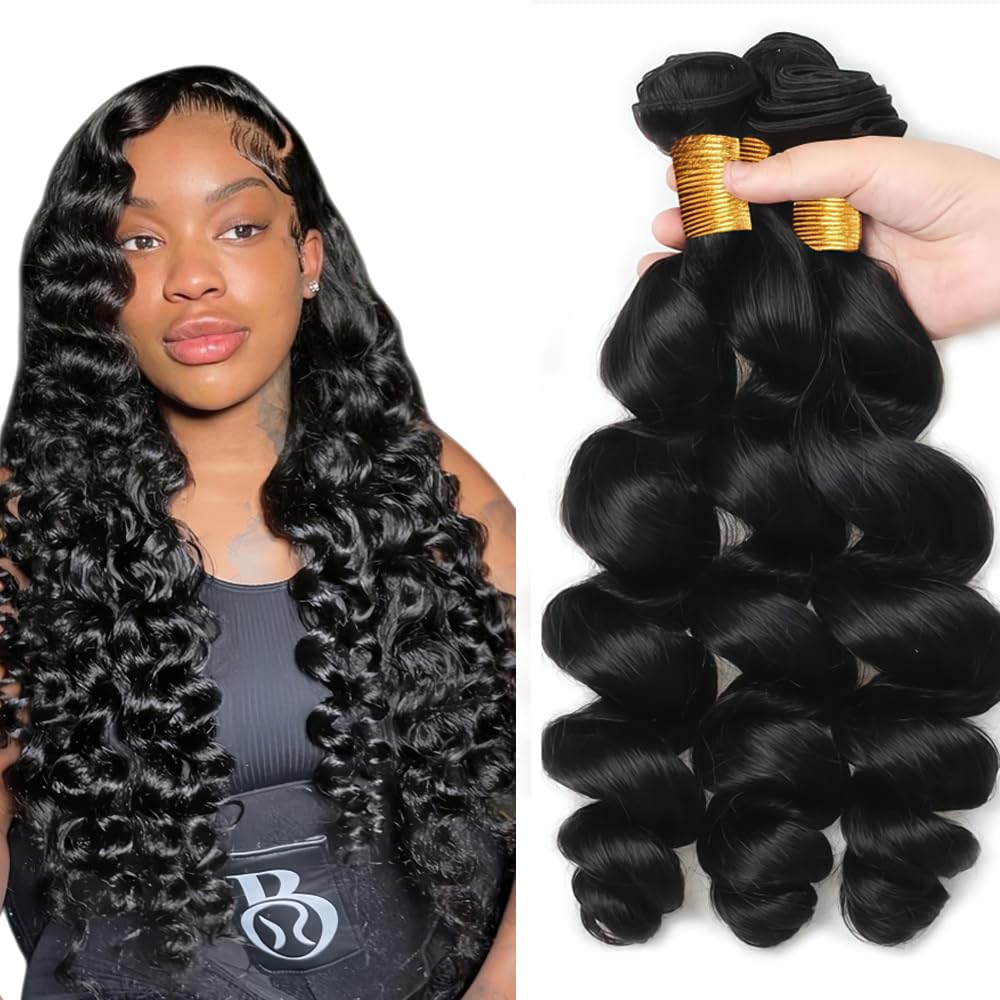 Loose Wave Bundles Human Hair Loose Wave Bundles Black Bundle Human Hair Natural Black Unprocessed Brazilian Virgin Color 1B Bundle HuxoWax 150g 12 14 16 Inch