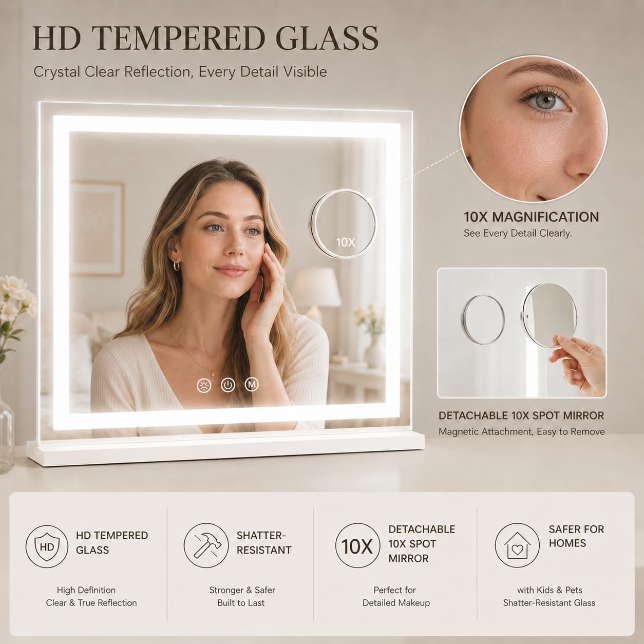 Lighted Vanity Mirror - 22.8"x18" Dimmable LED Makeup Mirror with 10X Magnification | Smart Touch Control, White