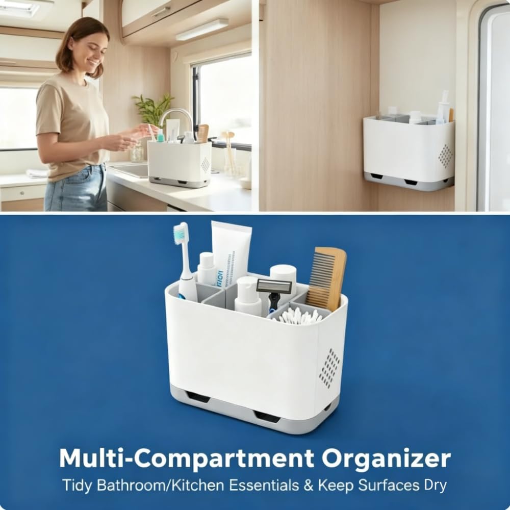 Toothbrush Holder - Bathroom & Kitchen Sink Organizer with Drain Tray | Sponge, Soap & Scrubber Storage Rack