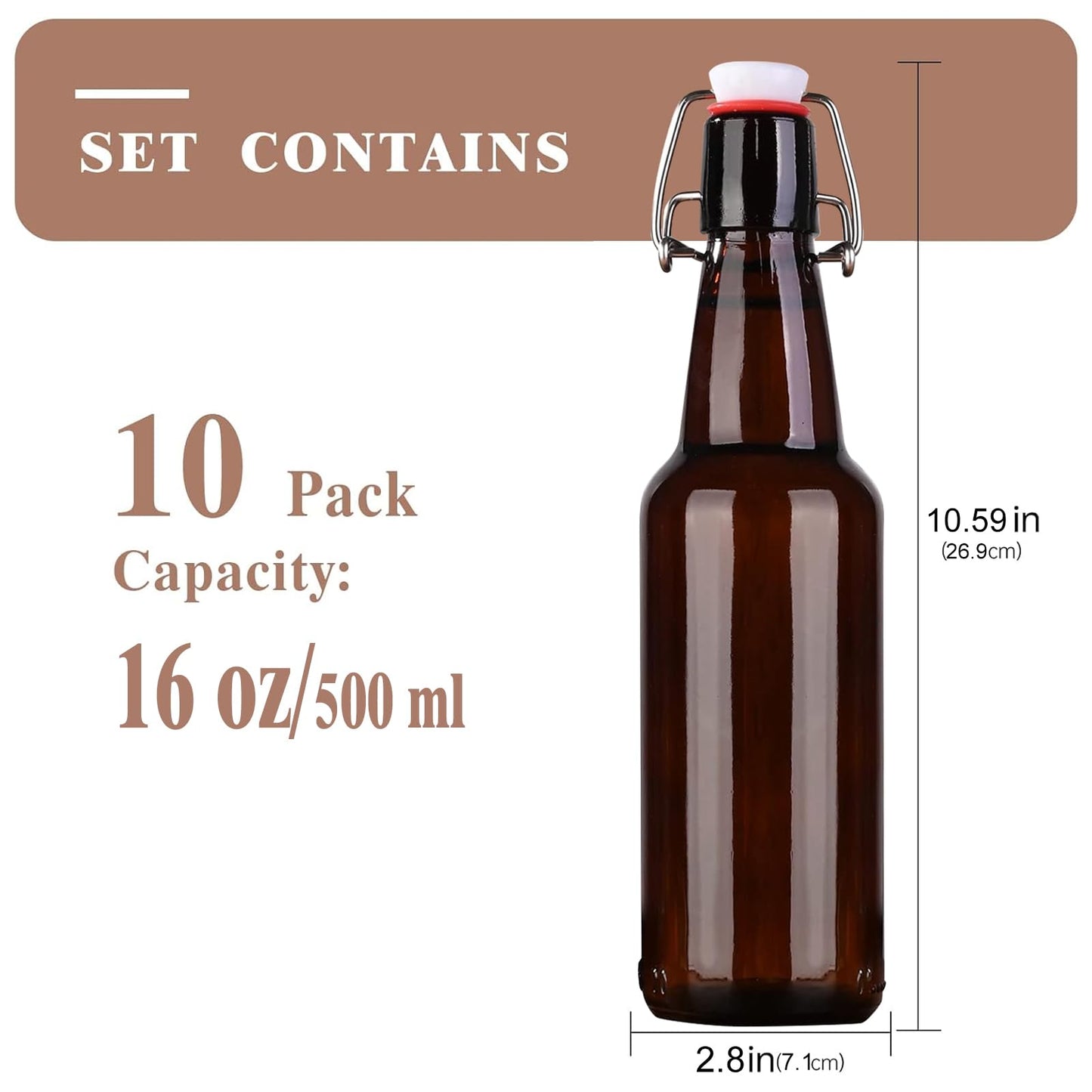 KITGLASCUP 16.5oz Amber Swing Top Glass Bottles for Airtight Lids, Home Brewing and Fermentation Kombucha, Vanilla Extract, Beverage, Water, Kefir (10 Pack)