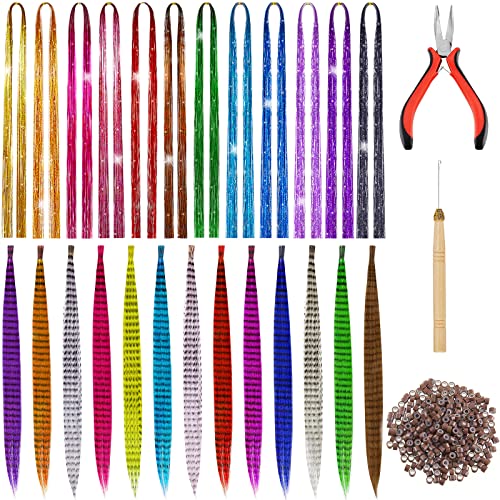 Juinte Hair Tinsel Kit with 1440 Glitter Strands & Feather Extensions