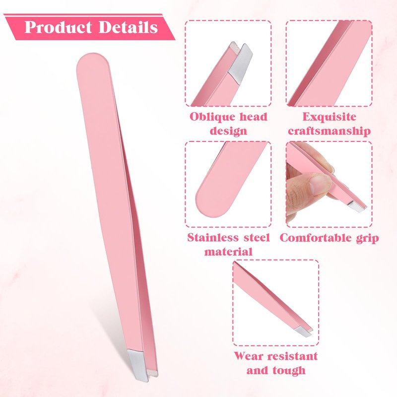 16 Pcs Pink Tweezers Set, Slanted Eyebrow Tweezers for Women Facial Hair Stainless Steel Slanted Tip Tweezer with Cover Pink Precision Tweezer Bulk for Ingrown Hair, Eyebrows, Lash Extension