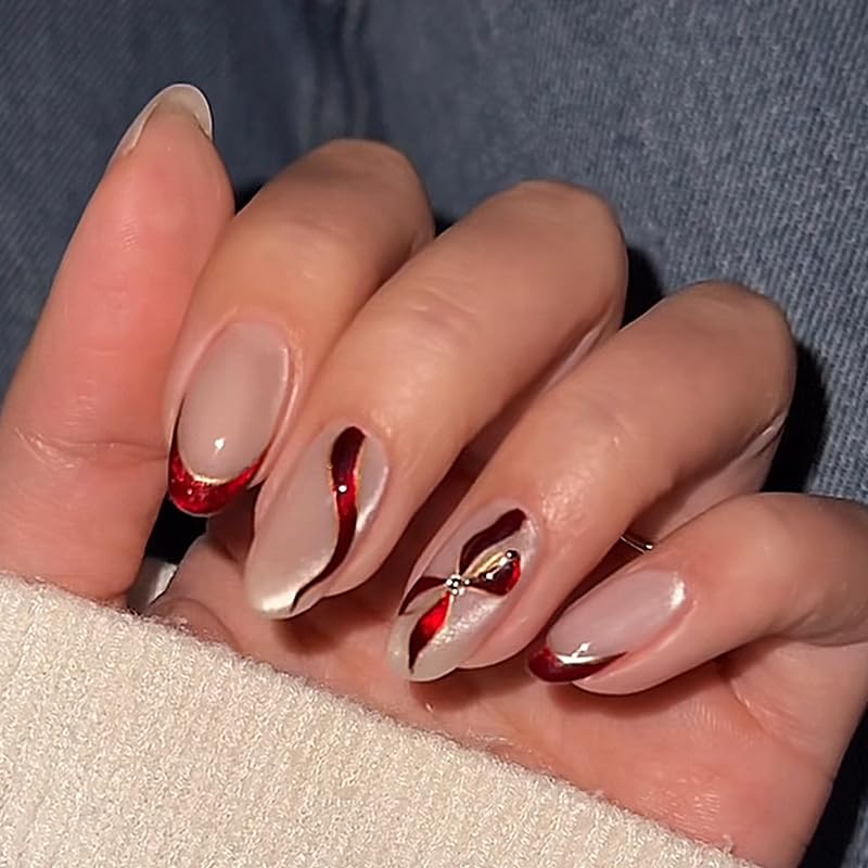 Press On Nails - Short Almond French Tip with Blue 3D Flowers | Glossy Acrylic Beach Designs for Women