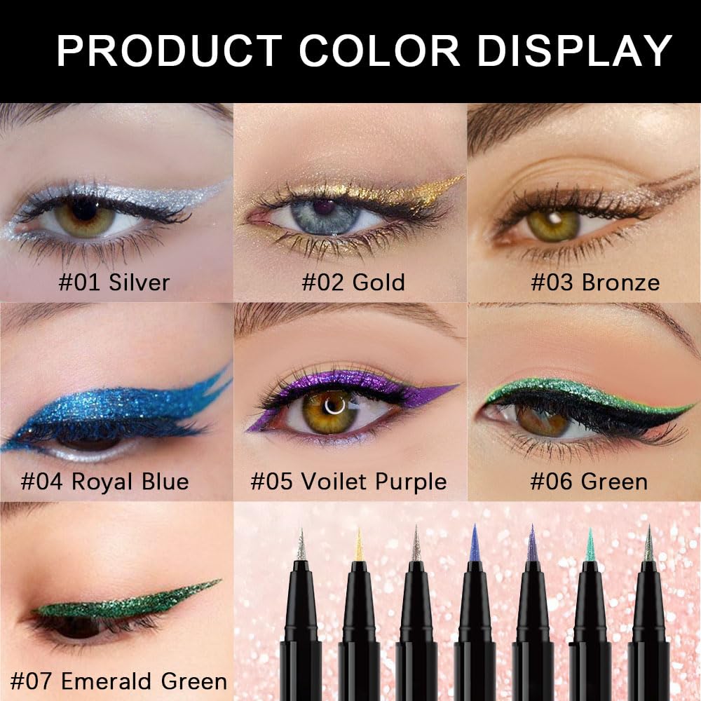 evpct 1Pcs Gold Glitter Sparkling Liquid Eyeliner, Metallic Shimmer Light Silver Eyeliner Liquid Eye Liner Eyeshadow Pencil Face Body Glitter Makeup, Longwear Waterproof, Fake Eyelashes Mascara