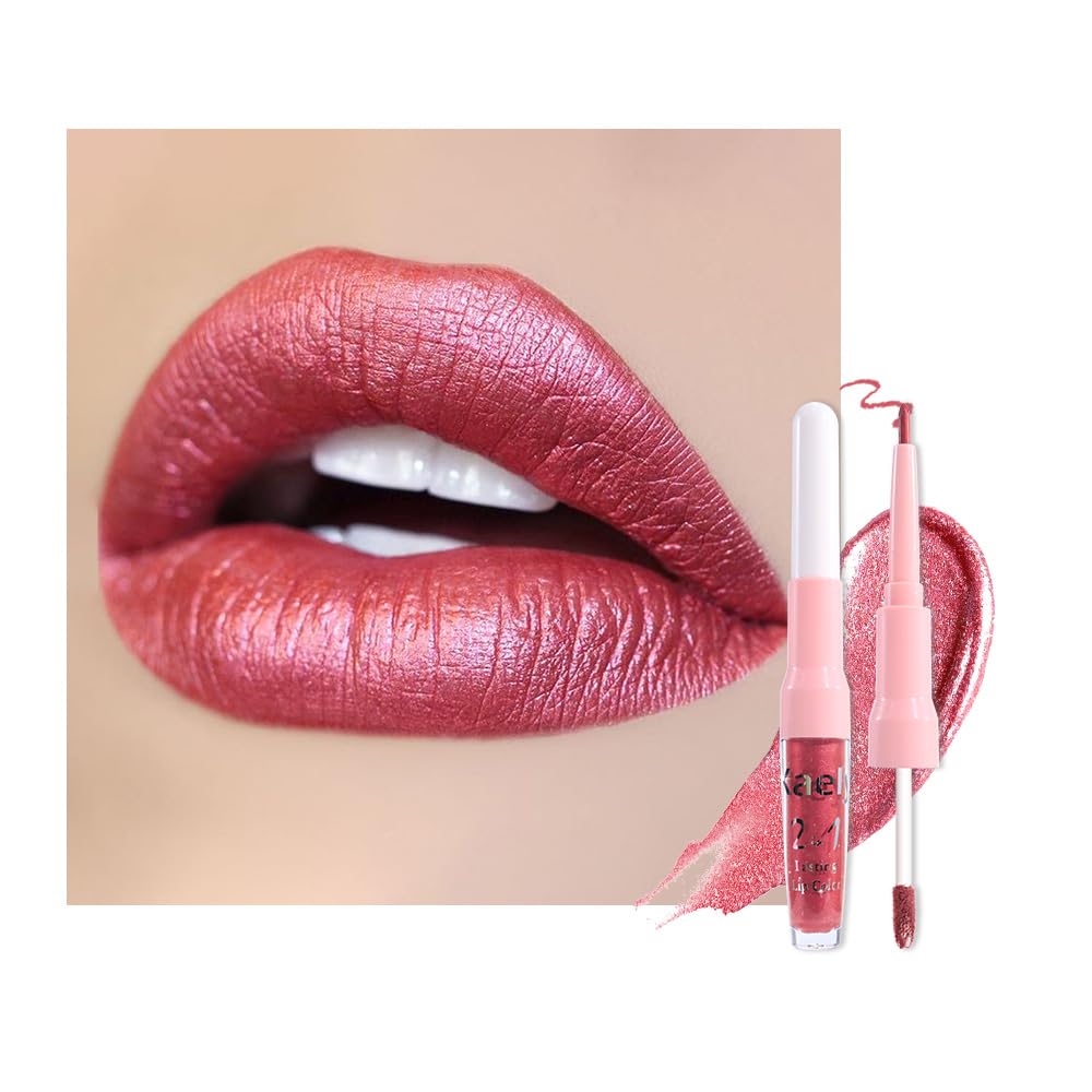 Kaely 2-in-1 Mauve Metallic Lipstick and Lip Liner Makeup, Shimmer Liquid Metallic Lipsticks for Women, Glitter Lip Gloss Stain Long Lasting Waterproof Smudge Proof 24 Hour, Vegan & Cruelty-Free, 16
