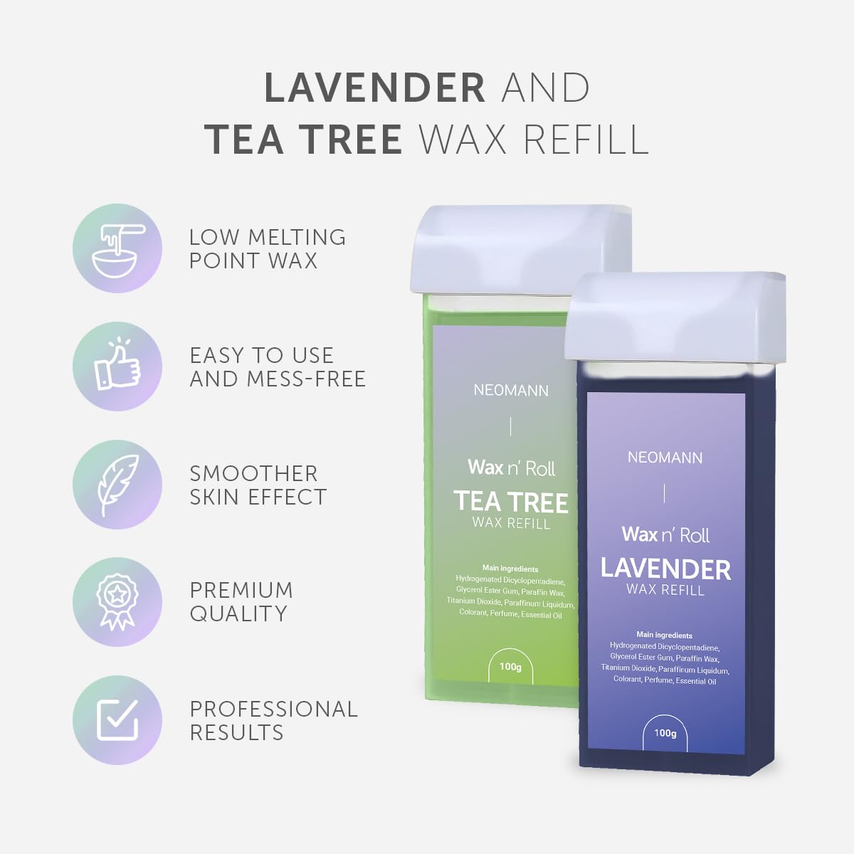 NEOMANN Roll on Wax Roller Kit for Hair Removal with Tea Tree, Lavender, 50 Wax Strips for Hair Removal - Torouflage, with 6 Post-Wax Treatments