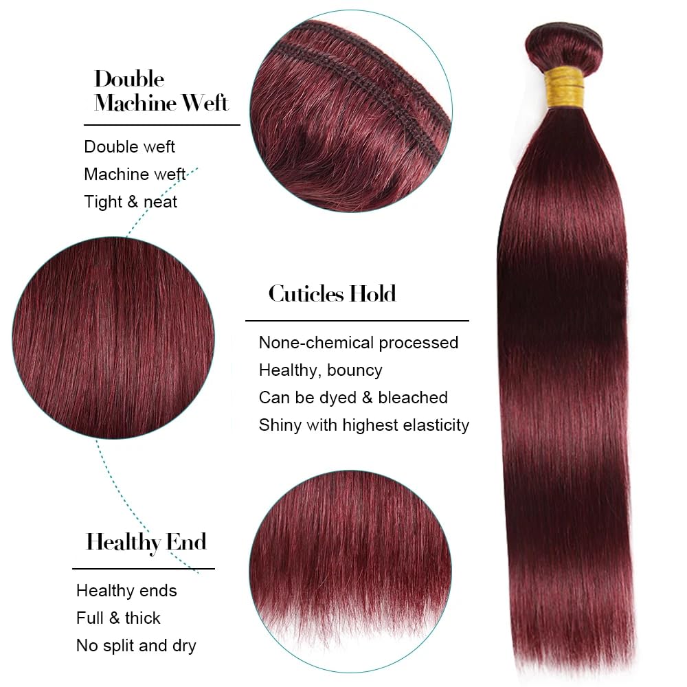 #99J Burgundy Bundles Human Hair Straight Bundles 14 16 18 Inch Straight Bundles Unprocessed Brazilian Virgin Hair Deals Quick Weave Hair Extensions 3 Bundle 50 Gram Per Bundle