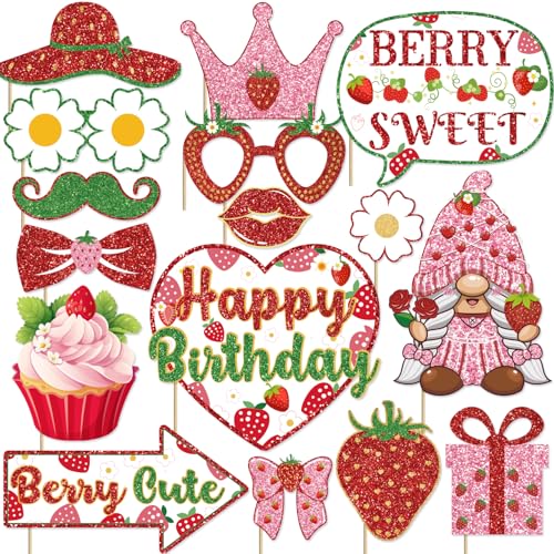 Strawberry Birthday Party Photo Booth Props Kit - 16 Designs