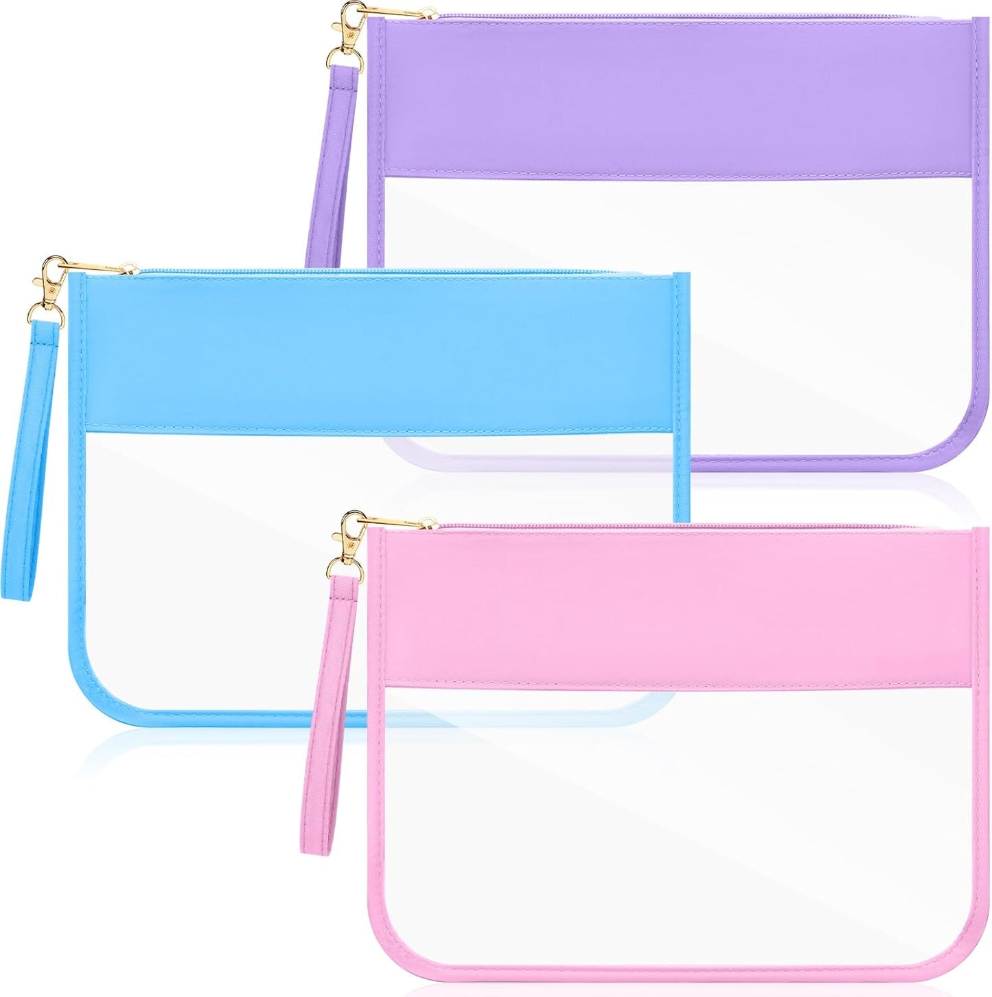 Clear Flat Zipper Pouches Set - 3 Pcs Waterproof Nylon Makeup & Snack Bags | Portable Travel Organizers (Pink, Blue, Purple)