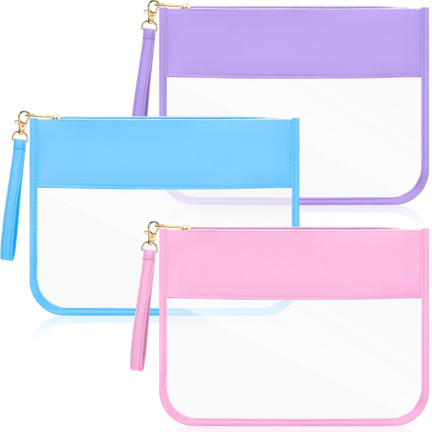Sanwuta 3 Pcs Clear Flat Zipper Pouches for Travel Women, Nylon Waterproof PVC Makeup Snack Bags Set Organizer Portable Storage DIY Chenille Letter Beach Stuff Toiletry Gym (Pink, Blue, Purple)