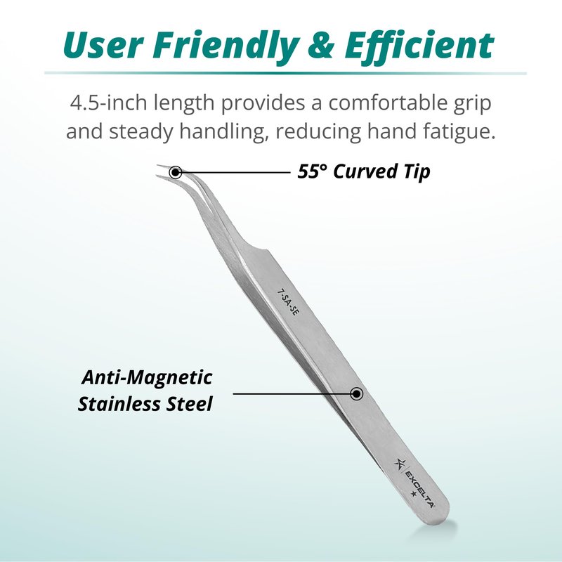Excelta Curved Very Fine Point Tweezers, 4.5" Anti-Magnetic Stainless Steel, Basic