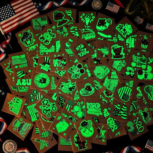 108PCS 4th of July Temporary Tattoos Kids, 250th Anniversary USA Glow in the Dark Fourth of July Birthday Decorations for Patriotic Party Favors, Red White and Blue Accessories Gifts Independence Day