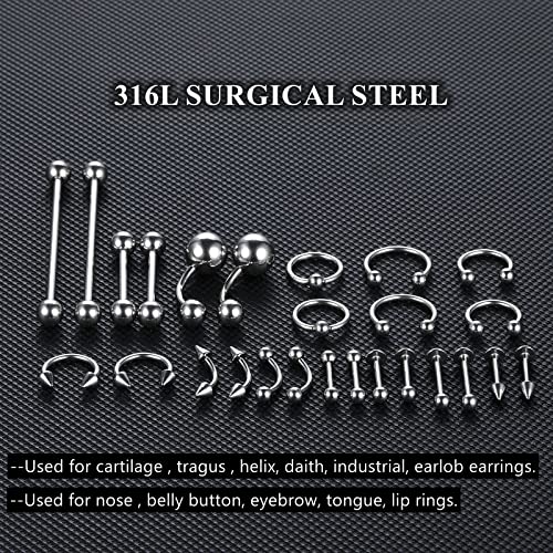 Silver 58PCS Body Piercing Kit Surgical Steel 14G 16G Jewelry & Tools