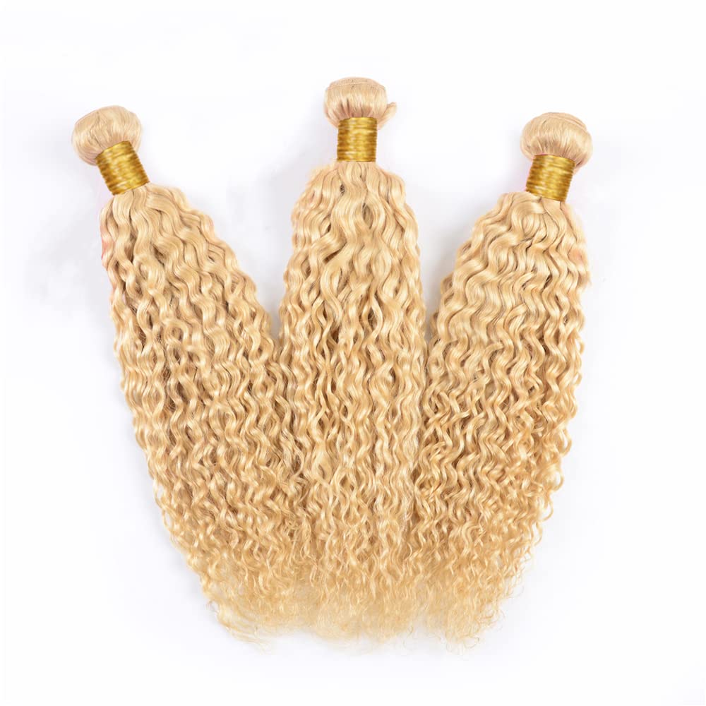 #613 Honey Blonde Human Hair Bundles Blonde Water Wave Bundles 26 28 30 Inch Unprocessed Brazilian Virgin Hair 3 Bundle Deals Quick Weave Hair Extensions 50 Gram Per Bundle