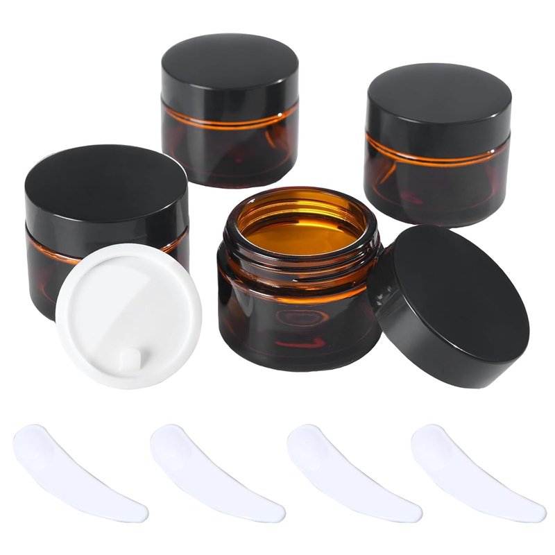 Amber Glass Jar Set - 2oz Travel Size Cosmetic Containers with Black Lid & Spatula | 4PCS Mini Beauty Jars