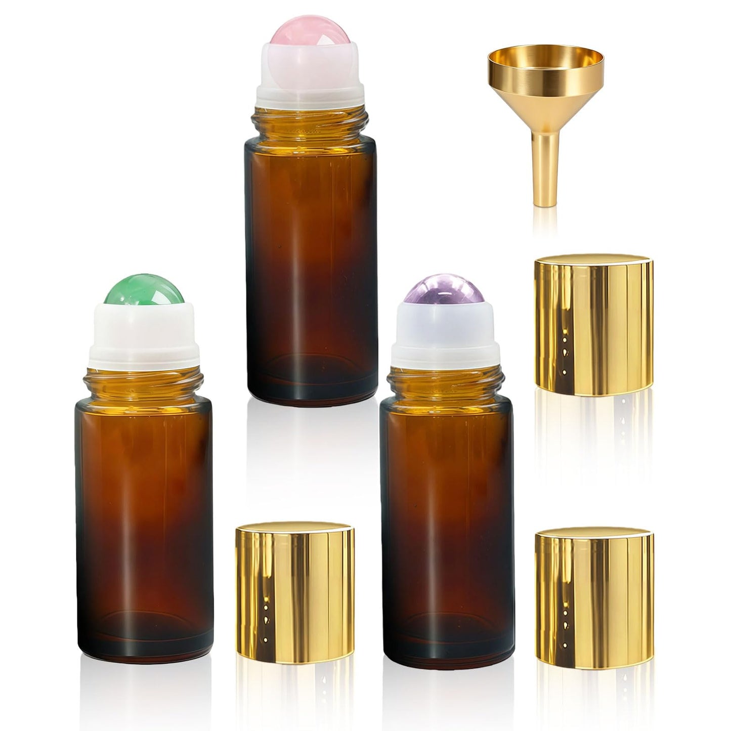 3 Pack Rose Quartz & Amethyst & Green Aventurine Roller Bottles for Oils, 50ml Refillable Amber Glass Roll On Bottles with Natural Crystal Roller, Leak-Proof Travel Perfume Bottle with Gold Caps