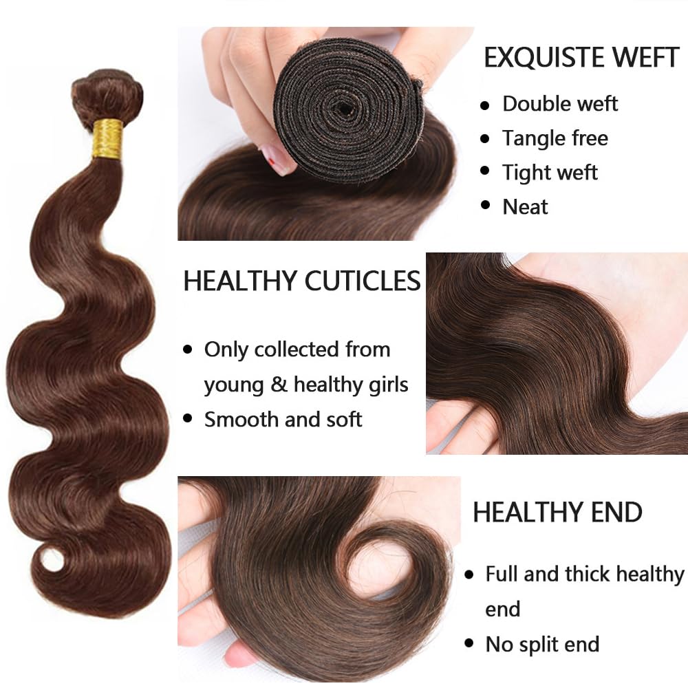 #4 Chocolate Brown Bundles Human Hair Body Wave Bundles 30 32 34 Inch 3 Bundles Brazilian Remy Hair 50 Grams/Bundle Unprocessed Virgin Hairs Dark Brown Body Wave Bundle Weaves Extensions