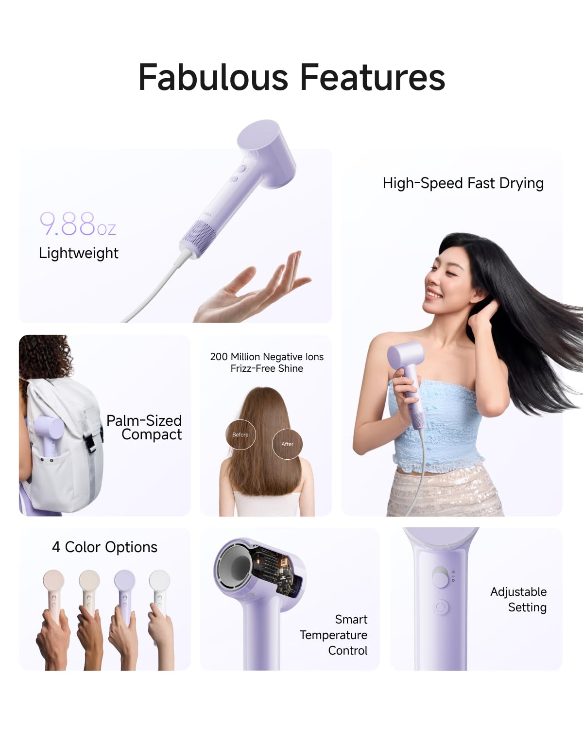 Laifen Air Hair Dryer, Lightweight and Palm-Sized Compact, 15× High-Speed Drying with 110, 000 RPM Powerful Motor, Smart Temperature Control, 200 Million Negative Ions, 5 Modes & 2 Airspeeds, Purple