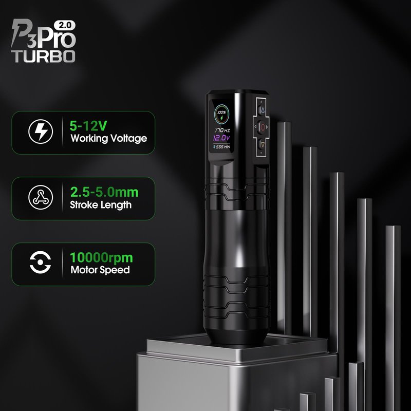 EZ P3 Pro Turbo Tattoo Gun - 6 Strokes 2.5-5.0mm Direct Drive Tattoo Machine with Brushless Motor, Dual OLED Digital Display 1600mAh Battery Power Rotary Tattoo Pen