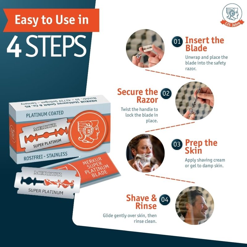 MERKUR SUPER Double Edge Safety Razor Blades, 10 Count (Pack of 3), Precision Stainless Steel Blades with Platinum and Teflon Coating