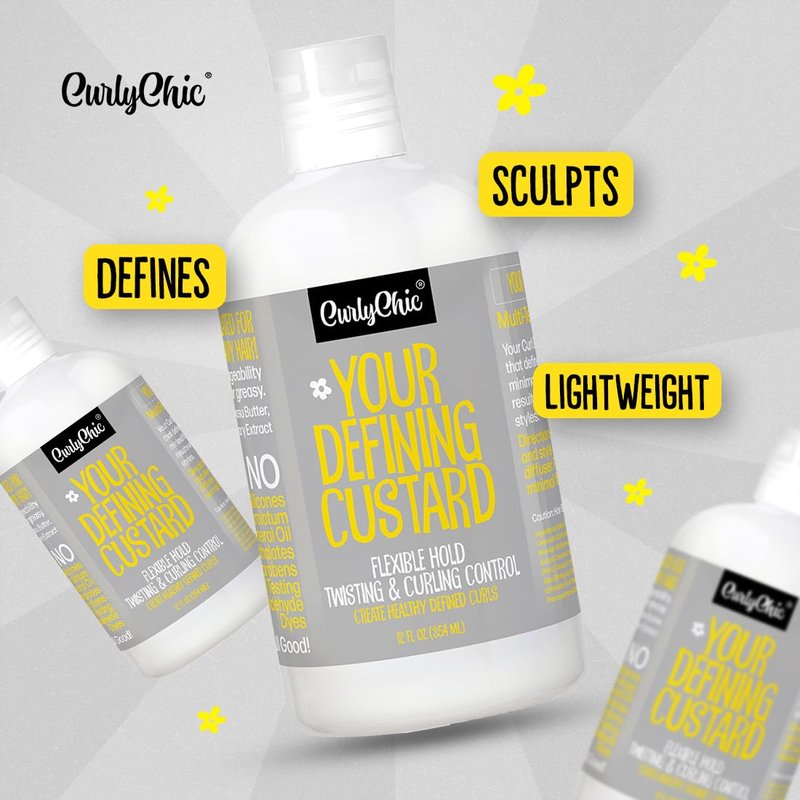 CurlyChic Your Defining Custard - Curl Defining & Moisturizing Styling Cream for Curly, Kinky, Coily, Wavy, & Frizzy Hair - Long-Lasting Hold, Flake-Free, No Crunch, Sulfate & Paraben Free, 12 fl oz