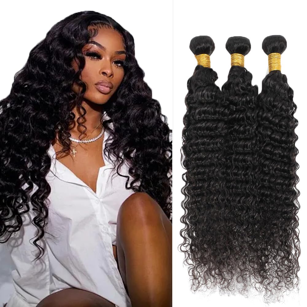#1B Human Hair Bundles Natural Color Deep Wave Bundles 28 30 32 Inch Balck Bundles Unprocessed Brazilian Virgin Hair 3 Bundle 50 Gram Per Bundle Deals Quick Weave Hair Extensions