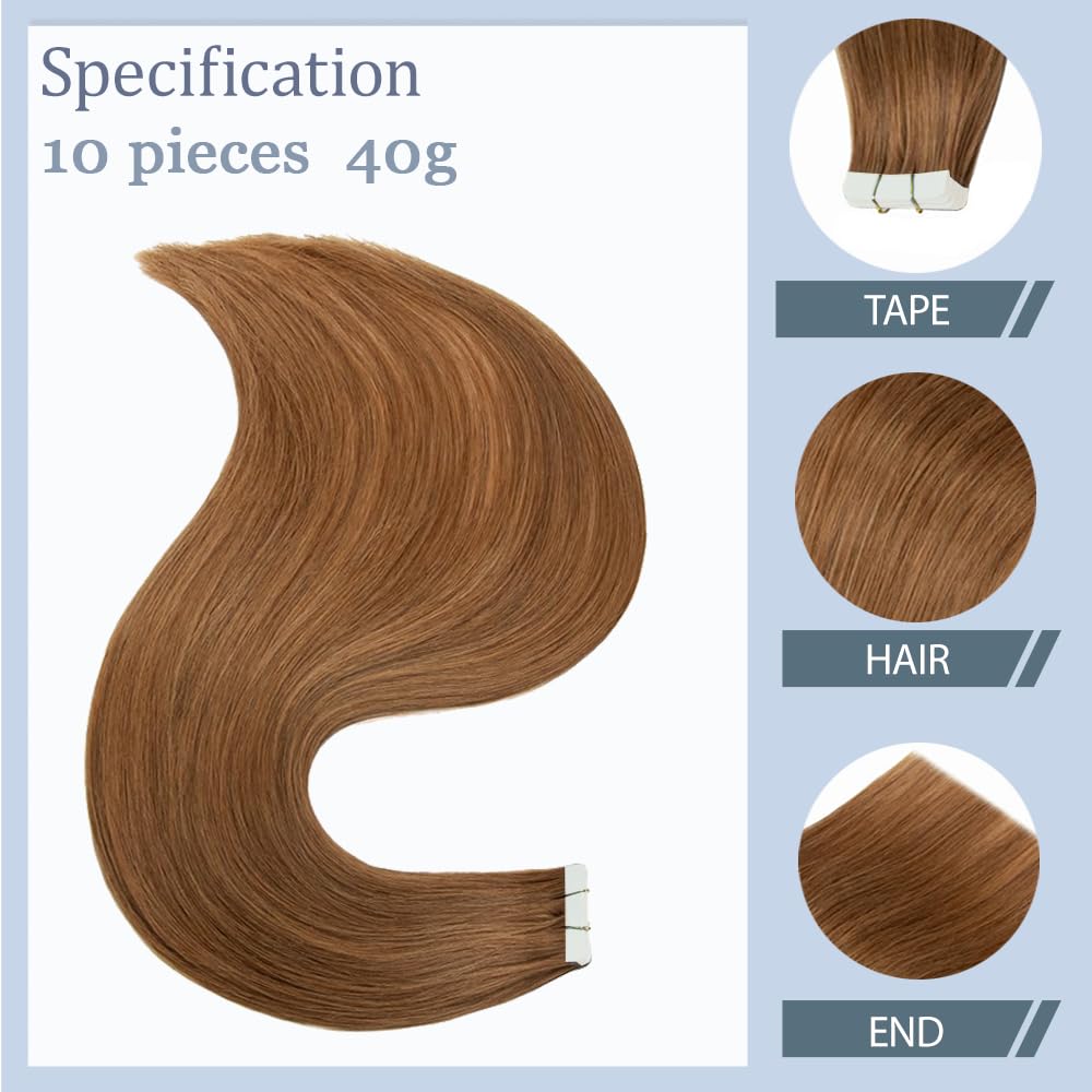 HuxoWax Tape In Human Hair Extensions #30 Light Brown Doubles Weft Invisible Straight Human Hair Tape In Extensions #30 Brown Weave 10 Packs Total 40g 14 Inch
