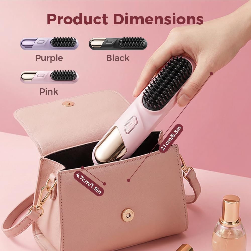 Portable Hair Straightener Brush - Cordless Ionic Comb for Short Hair | MCH Heating, 4 Temp Settings (Pink)