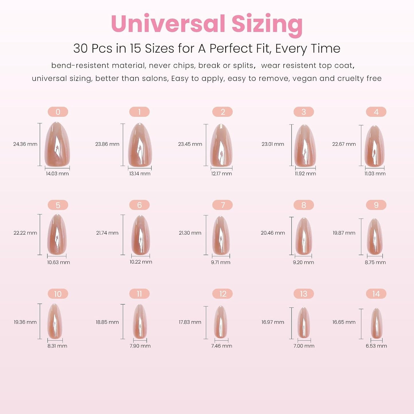 Almond Press On Nails - Rose Gold Glazed Finish | Natural & Reusable, 30 Nail Tips with Glue, 15 Sizes