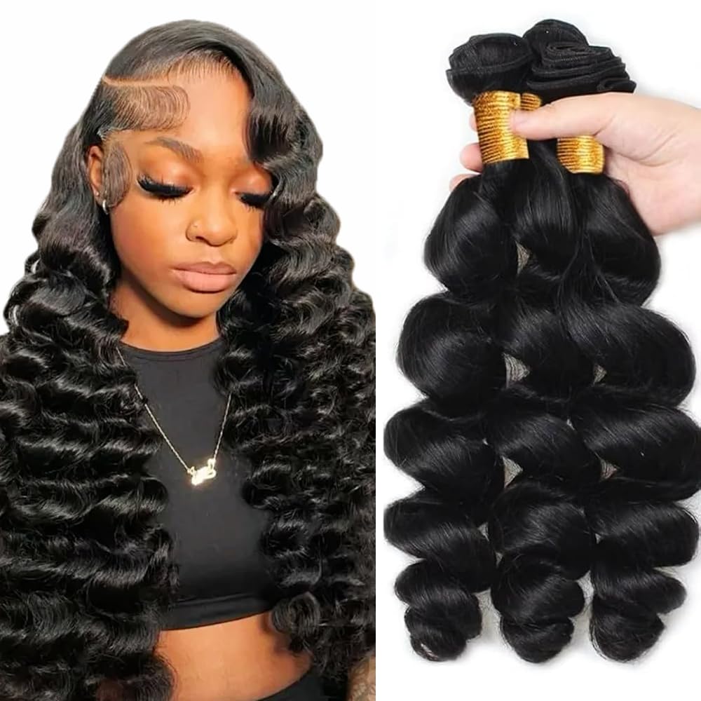 #1B Human Hair Loose Wave Bundles 32 32 32 Inch Unprocessed Brazilian Virgin Hair Natural Color Loose Deep Wave Bundles 3 Bundle 50 Gram Per Bundle Deals Quick Weave Hair Extensions