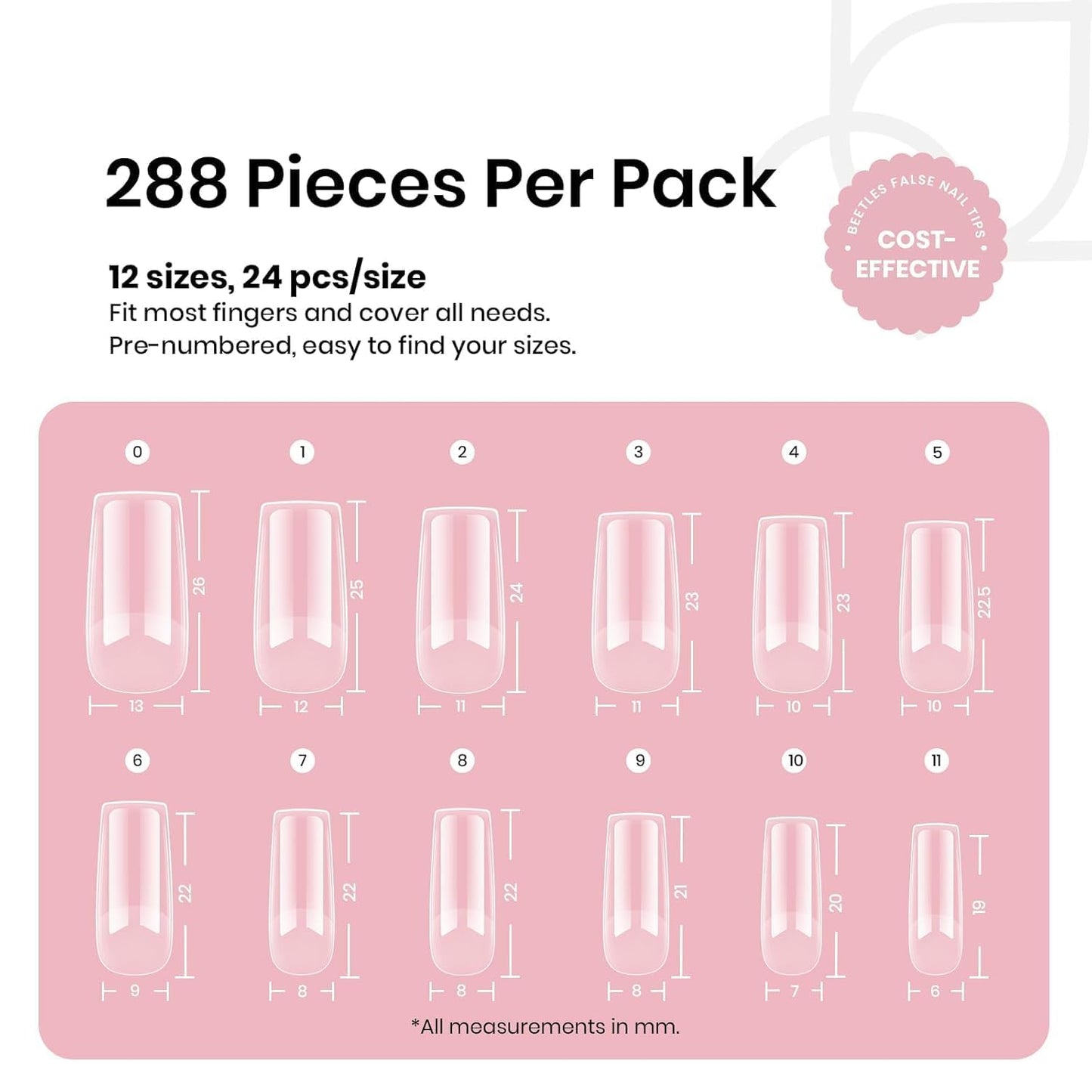 Beetles Gel Nail Tips Etch-X, Square Medium, 288Pcs 12 Sizes, Pre-Etched Half Matte Soft Acrylic False Nail Tips Full Cover Easy DIY Fake Press On Nail Extension Salon Gift for Women