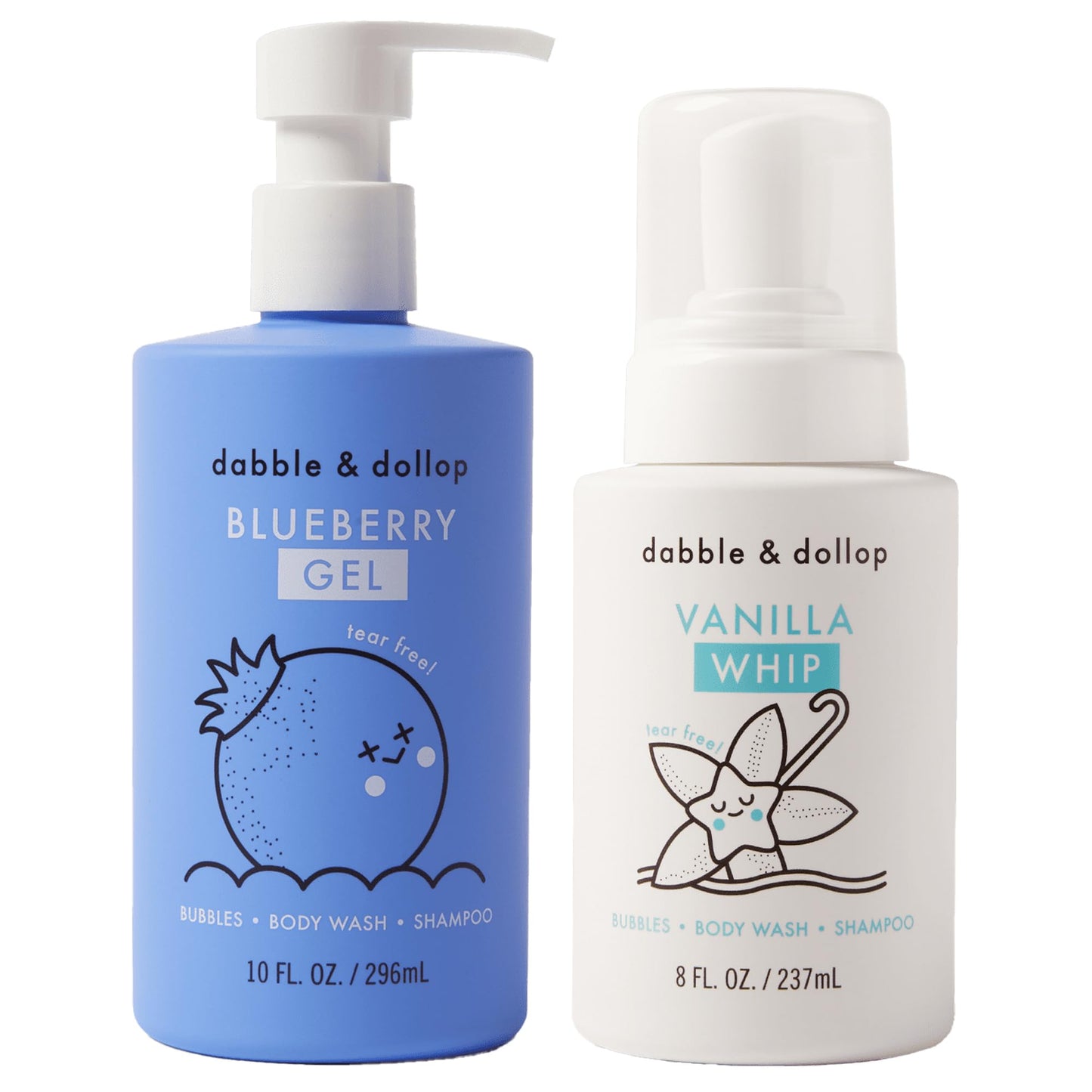 Dabble & Dollop Blueberry + Vanilla Kids 3-in-1 Body Wash, Shampoo & Bubble Bath Bundle – Gel + Foam Whip Set, Tear-Free, Gentle, Natural-Origin, Hypoallergenic and Safe for Sensitive Skin (Pack of 2)