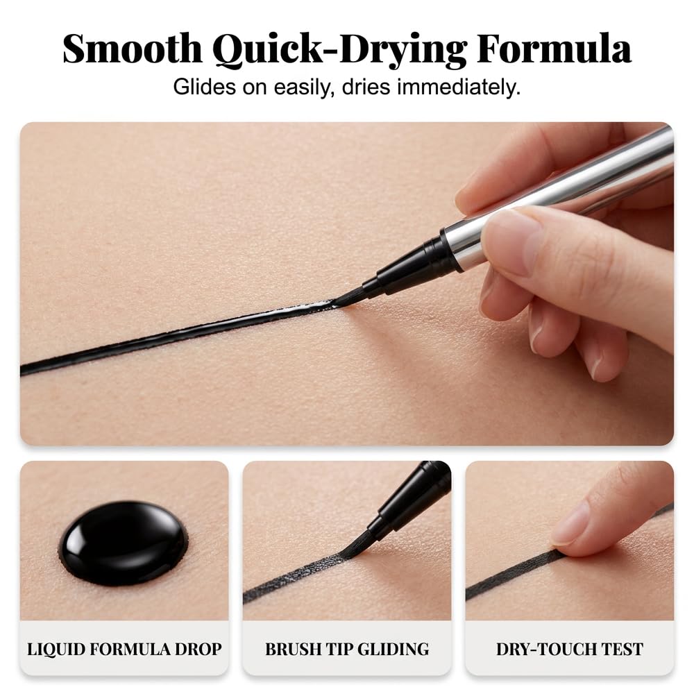 2PCS Waterproof Liquid Eyeliner, Upgrade Long-Lasting Liquid Eyeliner, Ultra-Creamy Silky Texture stage proof eyeliner, Lightweight Persona Eyeliner for Older Women and Young Women (Black-2PCS)