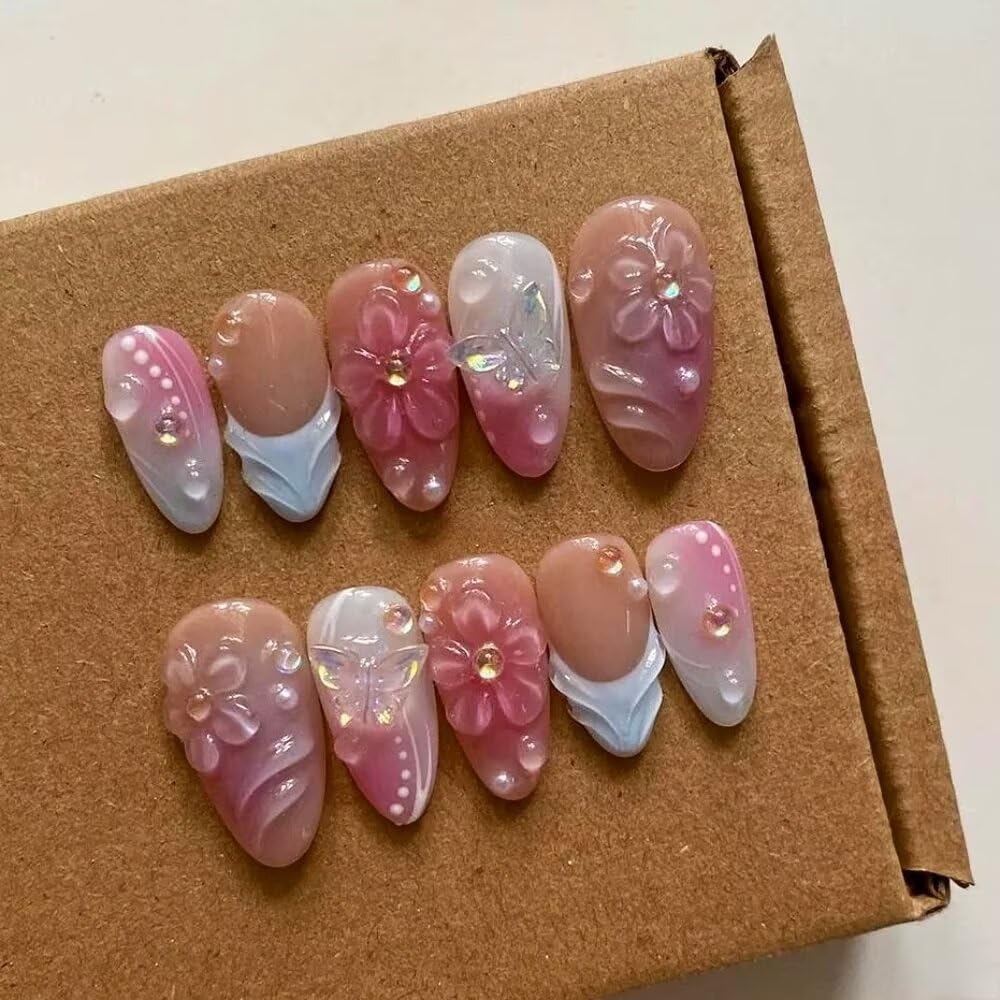 Press On Almond Nails - Handmade 3D Design, Thick Acrylic Gel | Reusable DIY Artificial Nails for Women (10 Pieces)