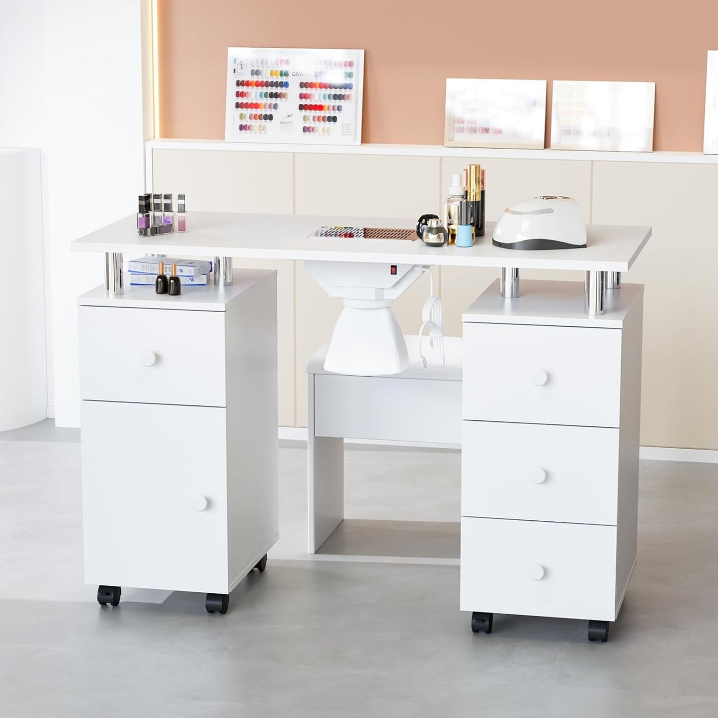Nail Desk and Chair Set - Acetone Resistant Manicure Table with Dust Collector & Storage Drawers | White