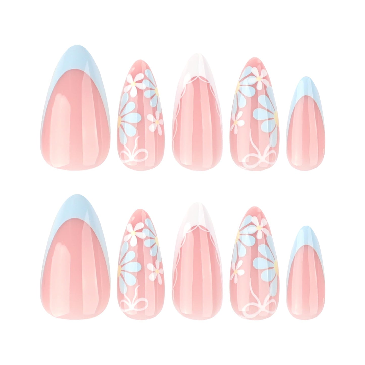 Flower Press on Nails Almond Summer Spring Nails Press on French Fake Nails with Blue Daisy Floral Designs Reusable False Nails Cute Artificial Acrylic Nail Medium Stick on Nails for Women 24Pcs